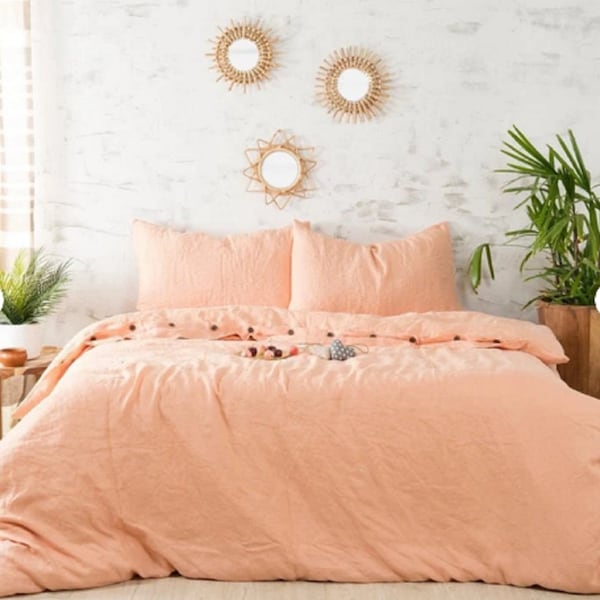 3pcs set linen duvet cover Peach Color Stonewashed linen Duvet Cover With Coconut Button Queen King Full Twin linen duvet cover set