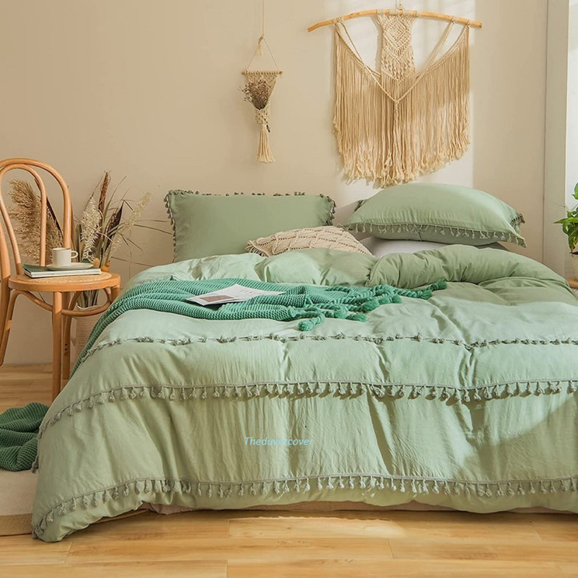 Pure Cotton Sage Green Tassel Duvet 