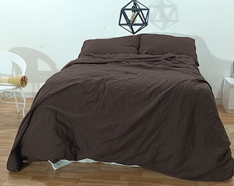 Handmade Chocolate Brown Linen Duvet Cover Set: Stonewashed Bedding