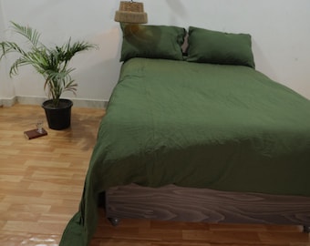 Dark Green Linen Duvet Cover Set: Stonewashed Cotton Bedding