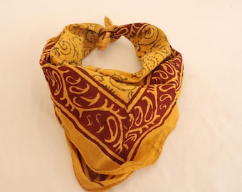 Yellow Block Print Cotton Bandana: Bohemian Neck Scarf