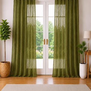 Olive Moss Green Linen Curtain Panel, Extra Long Curtain Window Treatments Living Room curtains Custom Size Curtain Two Panel Window Drape