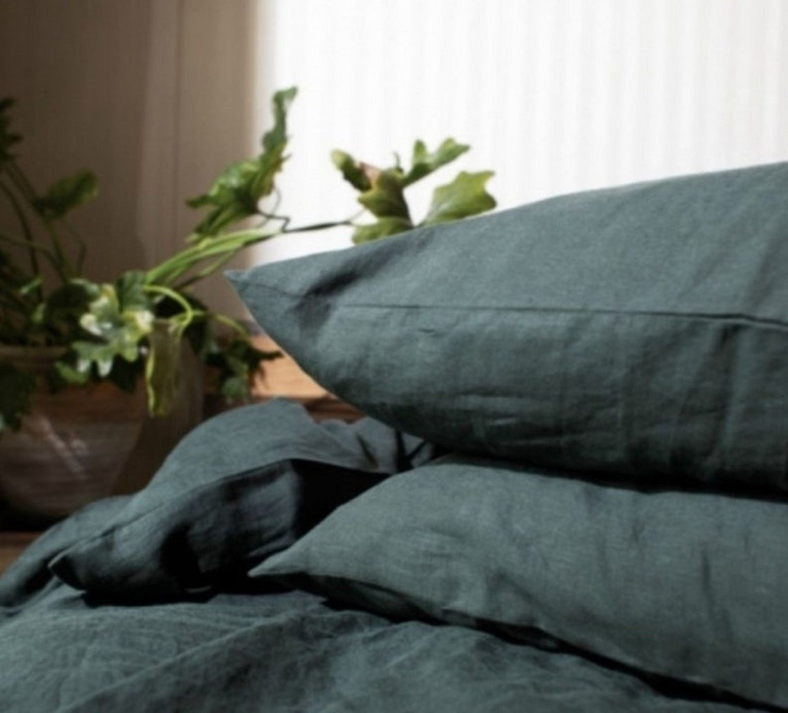 Forest Green Linen Duvet Cover With 2 Pillowcase Soft Linen Etsy