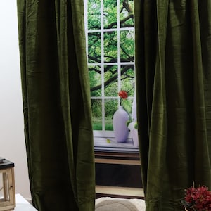 Handmade Dark Moss Green Velvet Curtains - Two Panel Set