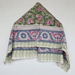 Green Base Block Printed Sarong 44x72 Inches | Blue Floral Soft Cotton Wrap Beach Cover Up Bohemian Style Swim Wear Pariyo Party Wear Scarf image 7