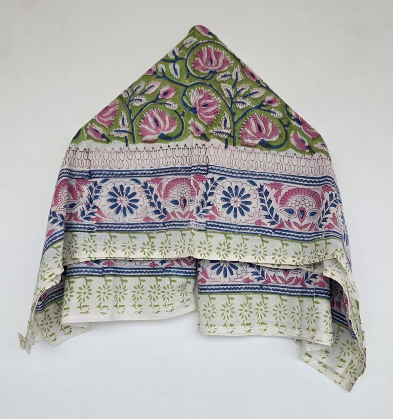 Green Base Block Printed Sarong 44x72 Inches | Blue Floral Soft Cotton Wrap Beach Cover Up Bohemian Style Swim Wear Pariyo Party Wear Scarf image 7