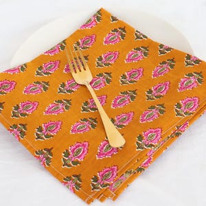 Yellow Mustard Pink Cloth Napkins Beautiful Hand Block Floral Printed Napkins Indian Napkins Block Print Napkins Block Printed Cotton Napkin