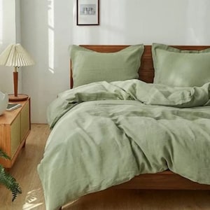 Sage Linen Green Duvet Cover Stonewashed Linen Bedding Sage Green Soft Linen Bed Cover With 2 Pillowcase Queen king  Twin Custom Size Duvet