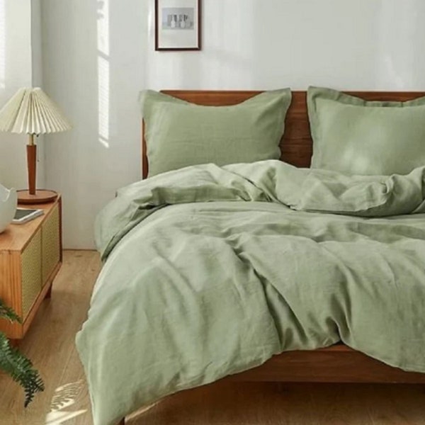 Sage Linen Green Duvet Cover Stonewashed Linen Bedding Sage Green Soft Linen Bed Cover With 2 Pillowcase Queen king  Twin Custom Size Duvet