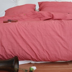 Pale Red Linen Duvet Cover Set: Stonewashed Bedding with Coconut Buttons