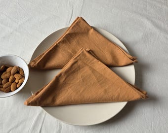 Caramel Linen Cloth Napkins Set, Mustard Yellow Dinner Napkins, Washed Cotton Table Linen, Rustic Thanksgiving Autumn Wedding Table Decor.