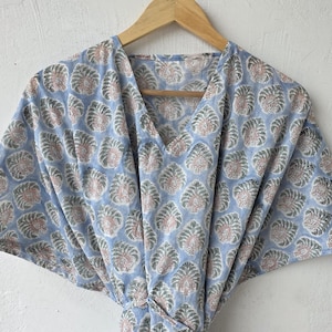 Blue Floral Cotton Kaftan Dress: Indian Hand Block Print Beach Cover-Up
