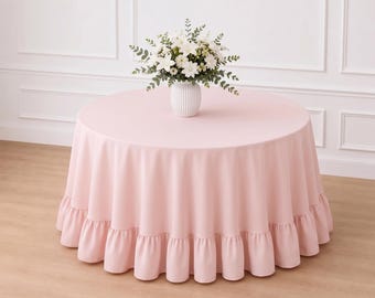 Tovaglia rotonda rosa cipria con volant, elegante copritavolo lungo fino a terra, morbida tovaglia effetto lino per matrimoni e feste in stile rustico.