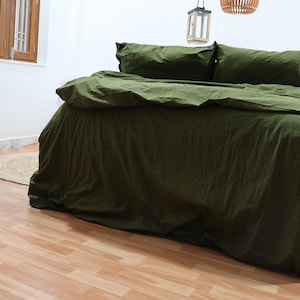 Dark Moss Green Linen Duvet Cover with free pillow cases Green bedding set with coconut buttons Twin Full Double Queen King Bedding Sets