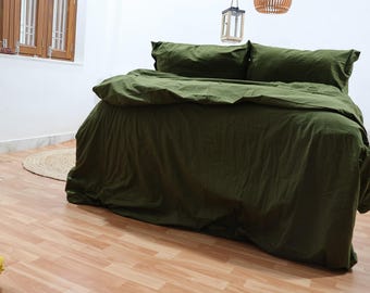 Dark Moss Green Linen Duvet Cover with free pillow cases Green bedding set with coconut buttons Twin Full Double Queen King Bedding Sets