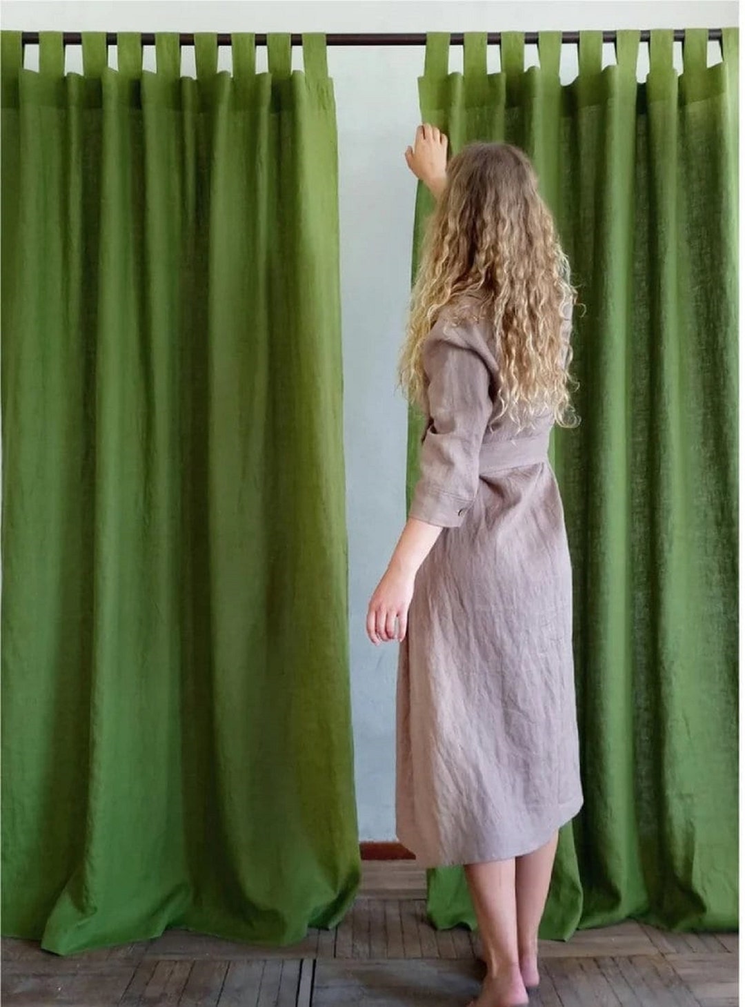 Moss Green Color Linen Curtain 2 Panel Long Linen Curtain Etsy