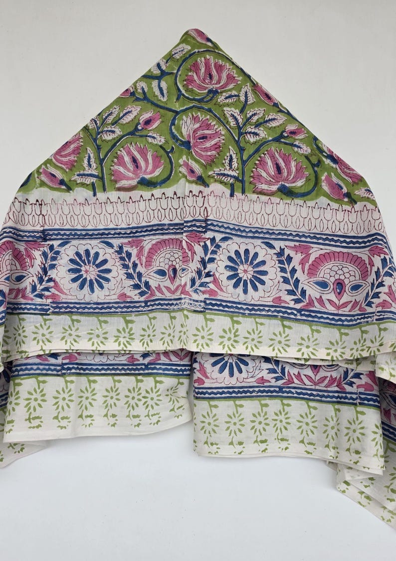 Green Base Block Printed Sarong 44x72 Inches | Blue Floral Soft Cotton Wrap Beach Cover Up Bohemian Style Swim Wear Pariyo Party Wear Scarf image 6