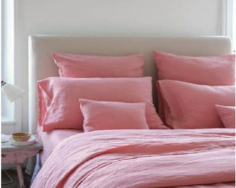 Pink Linen Bedding Set Linen duvet cover Softened linen Rose pink Linen comforter cover Rose quilt cover Coconut buttons with Ribbon ties