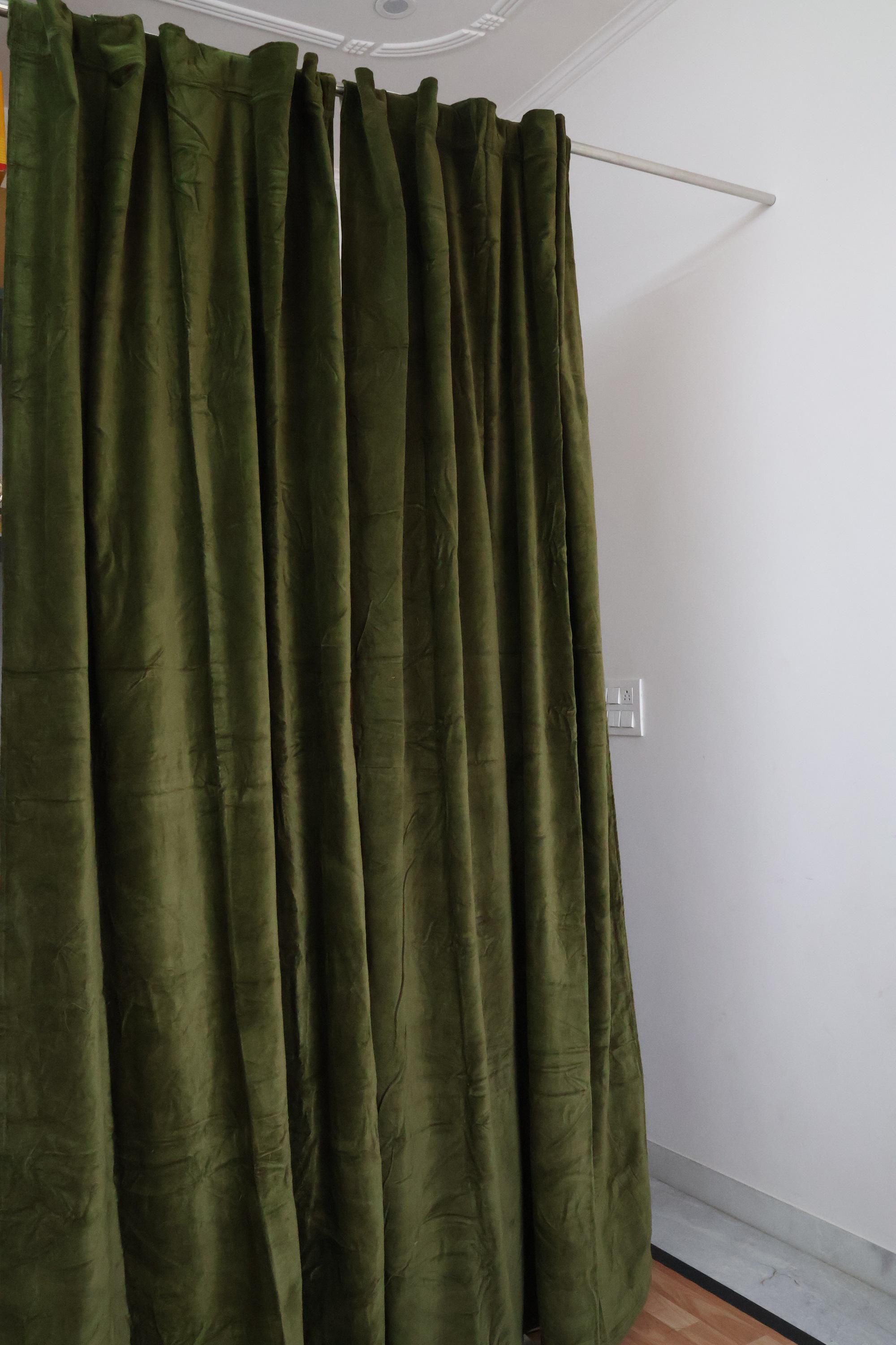 ハンドメイドダークモスグリーンベルベットカーテン - 2枚セット