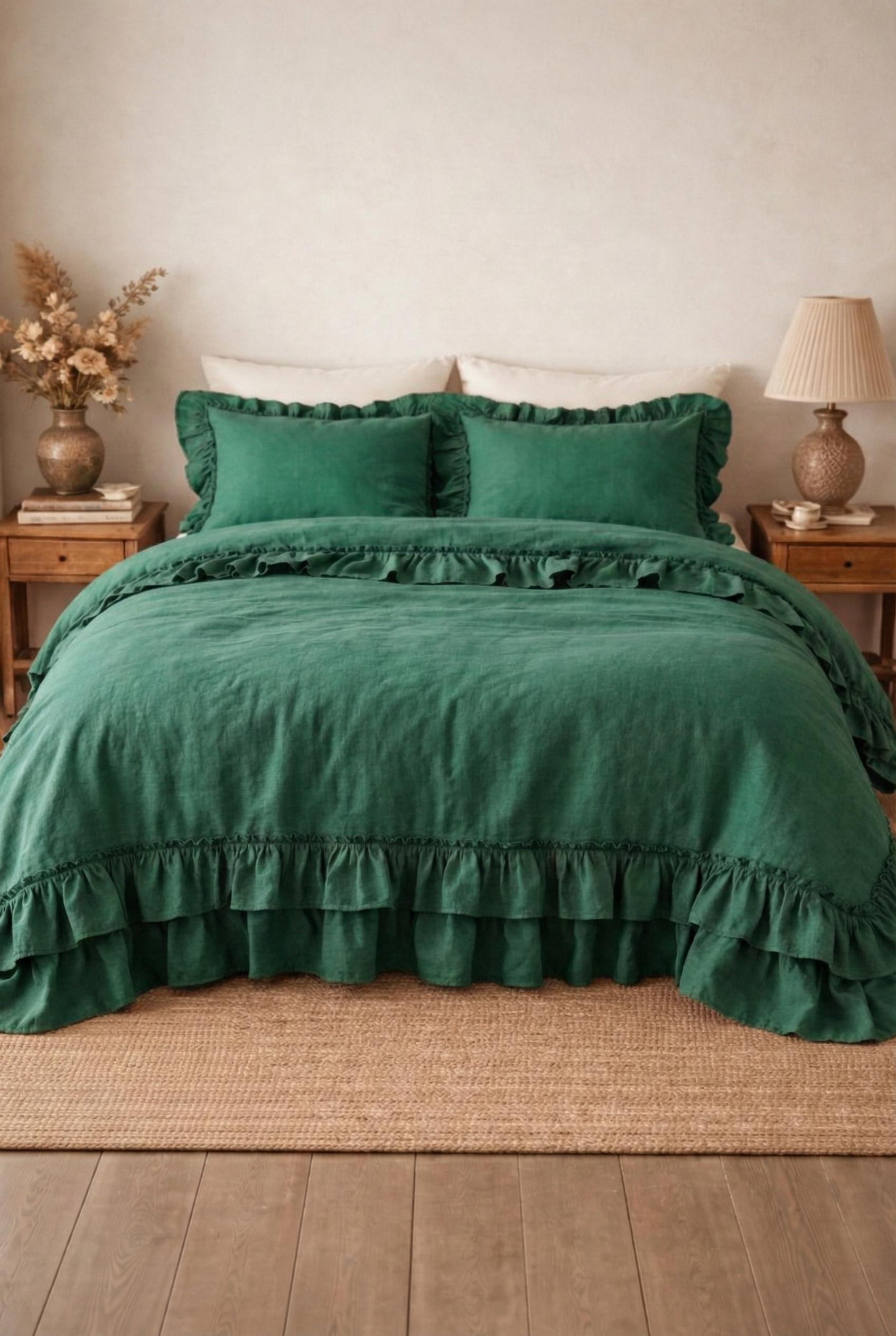 Emerald Green Ruffled Cotton Duvet Cover Set Ruffle Comforter Cover ...