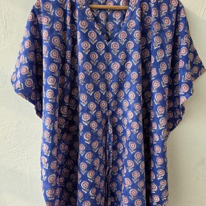 Blue Cotton Kaftan Dress: Hand Block Print Beach Cover Up