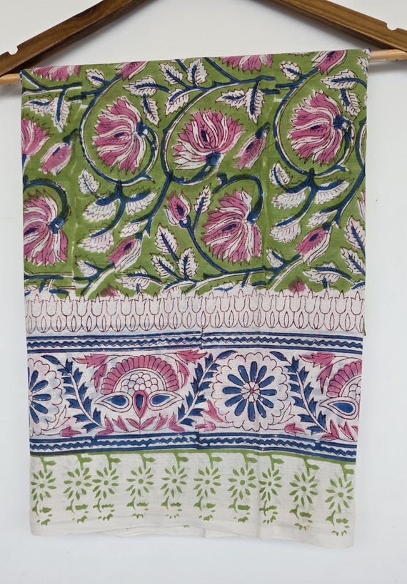 Green Base Block Printed Sarong 44x72 Inches | Blue Floral Soft Cotton Wrap Beach Cover Up Bohemian Style Swim Wear Pariyo Party Wear Scarf