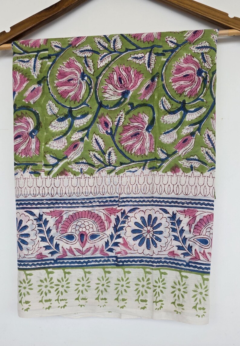 Green Base Block Printed Sarong 44x72 Inches | Blue Floral Soft Cotton Wrap Beach Cover Up Bohemian Style Swim Wear Pariyo Party Wear Scarf image 1