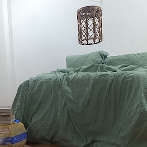 Sage Green Linen Bedding Set: Stonewashed Duvet Cover & Pillowcases