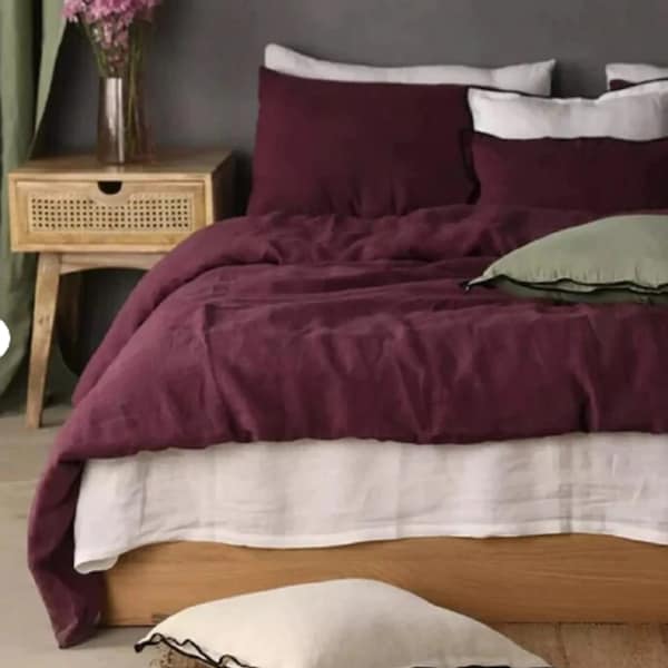 Maroon Pure Linen Duvet Cover With 2 Pillowcases Indian Comforter Boho Bedding Queen King Size Duvet Duvet Cover Washed  Bedding Cover Set