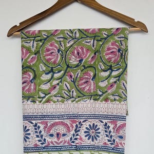 Green Base Block Printed Sarong 44x72 Inches | Blue Floral Soft Cotton Wrap Beach Cover Up Bohemian Style Swim Wear Pariyo Party Wear Scarf image 2