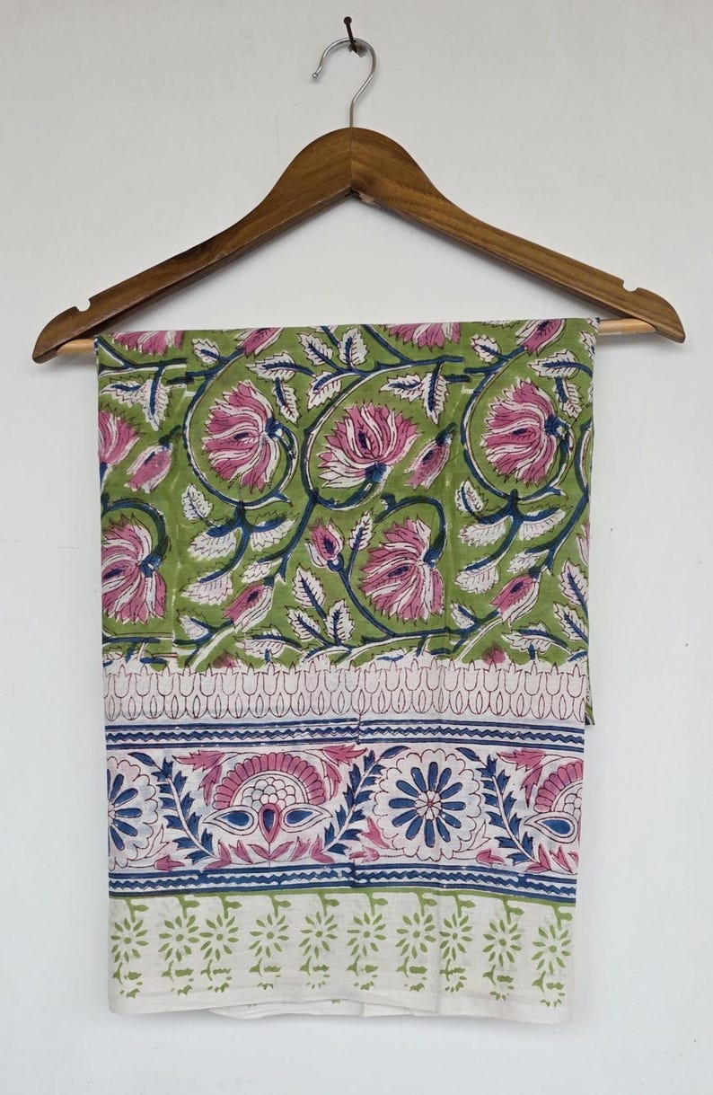 Green Base Block Printed Sarong 44x72 Inches | Blue Floral Soft Cotton Wrap Beach Cover Up Bohemian Style Swim Wear Pariyo Party Wear Scarf image 2