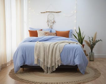 Sky Blue Duvet Cover Linen Cotton Bedding Set Stonewashed Midweight Queen King Size duvet