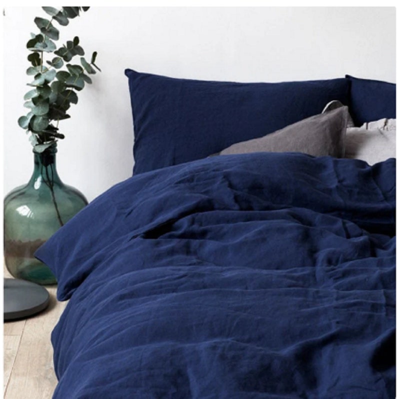 Linen Duvet Cover, Navy Blue Linen Duvet Cover, Washed Linen Duvet Cover Set With Matching Pillow Cases, Blue Linen Duvet Cover Queen King image 1