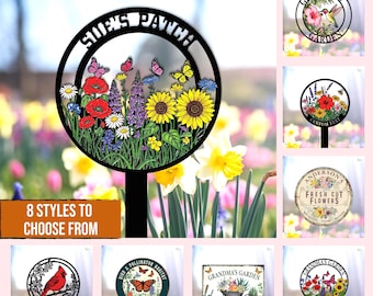 Benutzerdefinierte Gartenblume Metallschild, Wildblumen Gartenschild, Geschenk für Oma, Wildblumenpfahl, Blumenhofschild, helles Wildblumengartenschild