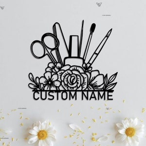 May include: Black and white silhouette of nail salon tools and flowers with the text "CUSTOM NAME" at the bottom.