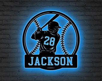 Custom Baseball Metal Wall Art LED Lights, Personalized Softball Player Name Sign, Home Decor, Kid Nursery Decor, Birthday Gifts, Xmas Gifts