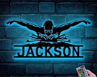 Custom Man Swimmer Metal Wall Art LED Light Personalized Swimming Sign Swim Team Name Sign Home Decor Nursery Decoration Birthday Gift