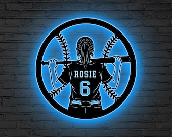 Custom Baseball Metal Wall Art LED Light, Baseball sign, Personalized Softball Player Name Sign, Home Decor, Kid Nursery Decor Birthday Gift