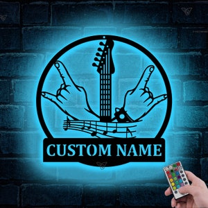 Custom Rock And Roll Music Metal Wall Art,Personalized Rock & Roll Name Sign Rock Hand Guitar,Music Studio Sign Home Decor,Music Room Decor
