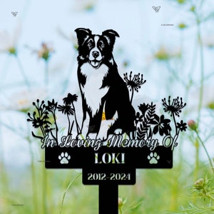 May include: Black metal garden stake with a Border Collie design, floral details, and the inscription "In Loving Memory Of LOKI 2012-2024". The dog is black and white. Suitable for outdoor use.