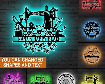 Custom Sewing Room LED Metal Sign, Nana’s Happy Place Sign, Sewing & Quilting Decor, Custom Sewing Machine, Gift for mom, Sewing gift led