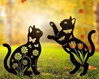 Schwarze Katze Metallpfahl, Herbstkatze Metall Gartendekor, Haustierliebhaber Wohnkultur, schwarze Katzensilhouette mit Schmetterlingen