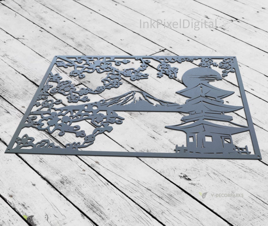 Japanese Metal Wall Art, Cherry Blossom Metal Wall Decor, Mount Fuji ...