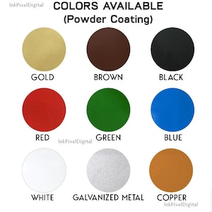 May include: Colour chart showing powder coating options for metal objects. Colours include gold, brown, black, red, green, blue, white, galvanised metal, and copper.