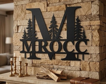 Custom Metal Monogram Sign, Personalized Family Name Wall Art, Rustic Cabin Porch Decor With Pine Trees