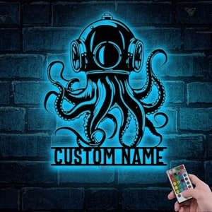 Custom Diving Helmet Metal Wall Art LED Personalized Scuba Helmet Name Sign Octopus Art Beach House Decor Diving Lover Gift Birthday Gift