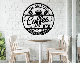 Letrero de cafetería personalizado, letrero de cocina con nombre personalizado, café abierto todos los días, decoración de cocina de metal, colgante de pared de cafetería personalizado, regalo para un nuevo hogar
