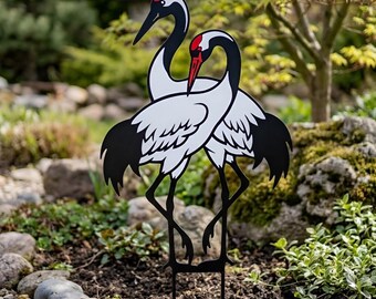 Crane Bird Garden Decor Stake, Romantic Bird Couple Lawn Art, Outdoor Metal Accent