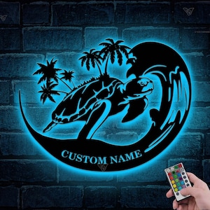 Custom Sea Turtle Palm Tree Metal Wall Art LED Personalized Marine Turtle Lover Name Sign Home Decor Beach Turtle Art Kid Nursery Decor