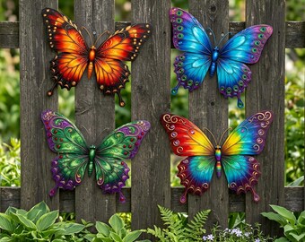 Butterfly Metal Wall Decor, Colorful Yard Art, Garden Fence , Patio Wall Hanging, Spring Decor